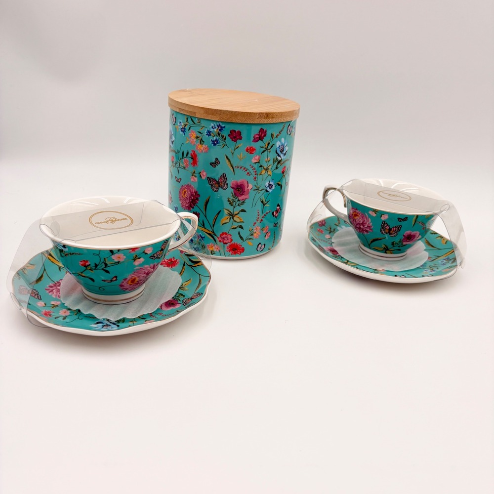 Grace Teaware Turquoise Floral Butterfly Porcelain Tea Set Cups Saucers Canister